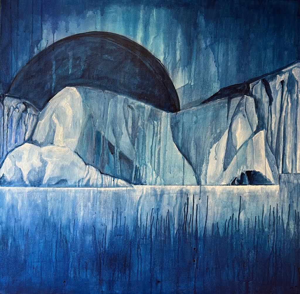 Painting in dark blues and light blues with a looming black moon over the top of a glacier during the dark season.