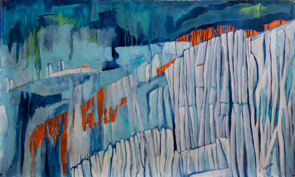 Painting of a glacier in the cold of dark season fracturing and compressing internal as the northern ights flicker overhead.