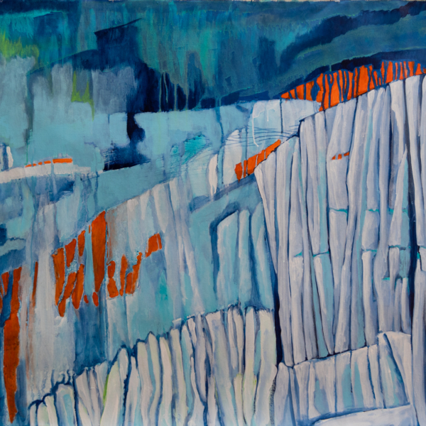 Painting of a glacier in the cold of dark season fracturing and compressing internal as the northern ights flicker overhead.