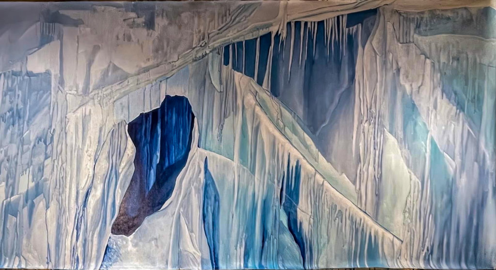 Painting of the interior of an ice cave revealing the hidden deptsh of ice, icicles, and distant dark blue narrow channels.