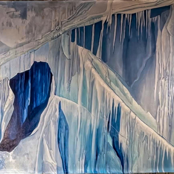 Painting of the interior of an ice cave revealing the hidden deptsh of ice, icicles, and distant dark blue narrow channels.