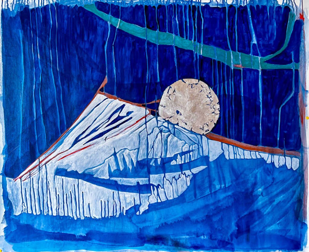 painting of a mountain with a broken silver moon rising behind it and a line of northern lights above