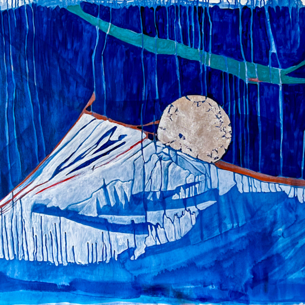painting of a mountain with a broken silver moon rising behind it and a line of northern lights above