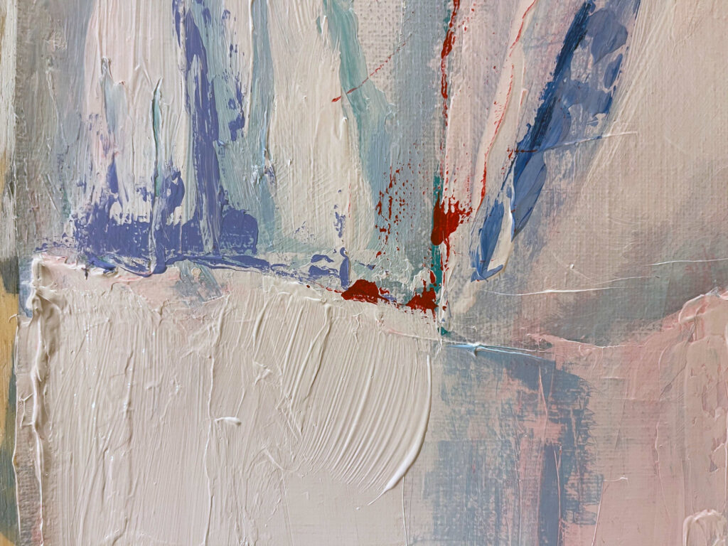 painting in white, blues, and splashes of red indicating the white surface of glacier dabbled with blood.
