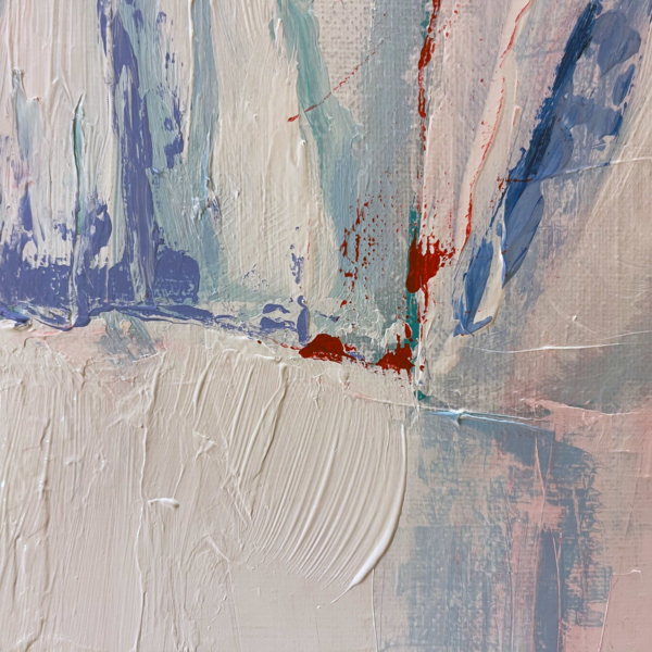 painting in white, blues, and splashes of red indicating the white surface of glacier dabbled with blood.