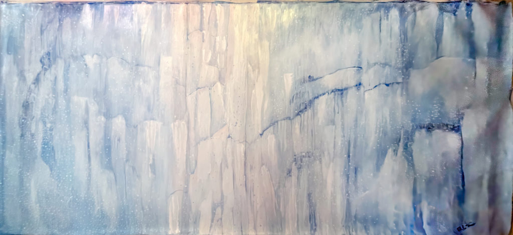 Painting of a glacier front illuminated by the sun