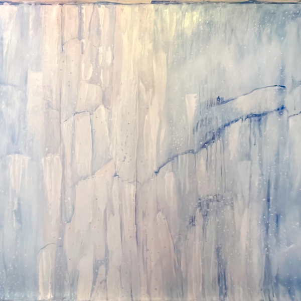 Painting of a glacier front illuminated by the sun