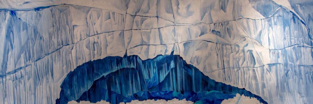 Painting of a white glacier with a deep blue ice cave at the bottom