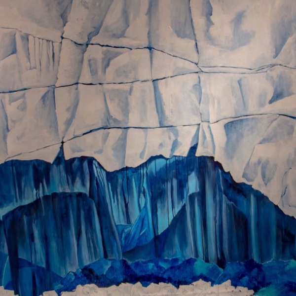 Painting of a white glacier with a deep blue ice cave at the bottom