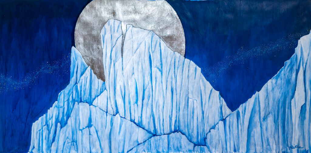 Painting of the January full moon, the wolf moon, rising over a snow-softened glacier front.