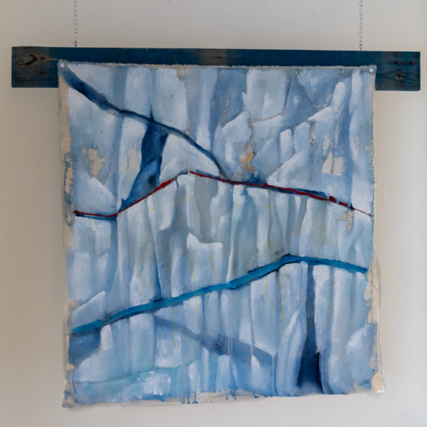 Painting of glacier front showing lines of blue and red representing different eras and ecologies in the glacier&#039;s life