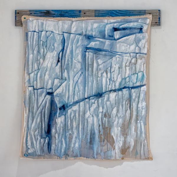 Painting and mixed media of a white and blue glacier front with paint allowed to bleed into the canvas