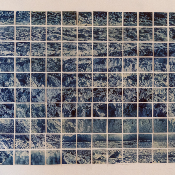 Blue photograph/cyanotype two hundred pieces that combined create a view of the Eqi Glacier Greenland