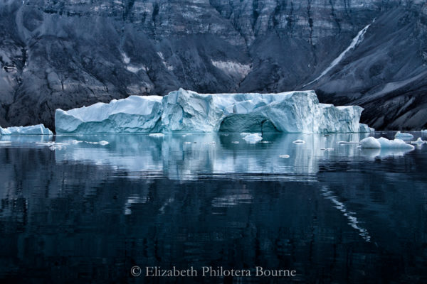 Long iceberg with ice cave and reflection floating on black water with dark gray cliffs behindwater