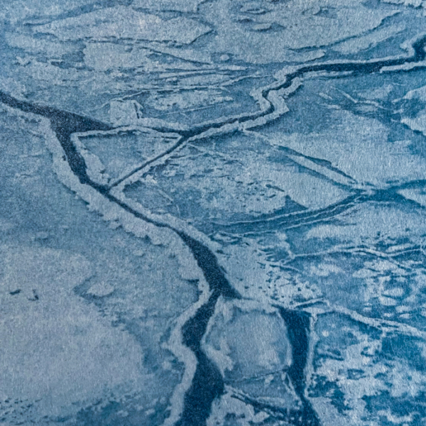 Blue photograph/cyanotype of large pancake ice combining and separating.