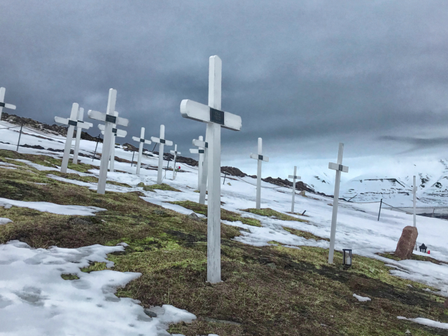 Longyearbyen's Historic Cemetery white wooden crosses in historic cemetery on a hillside in Longyearbyen Svalbard