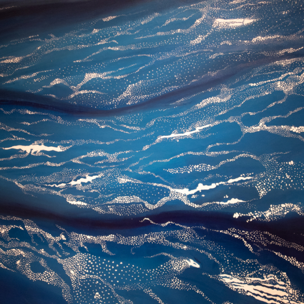 Painting of blue background with white dots and splotches of drift ice