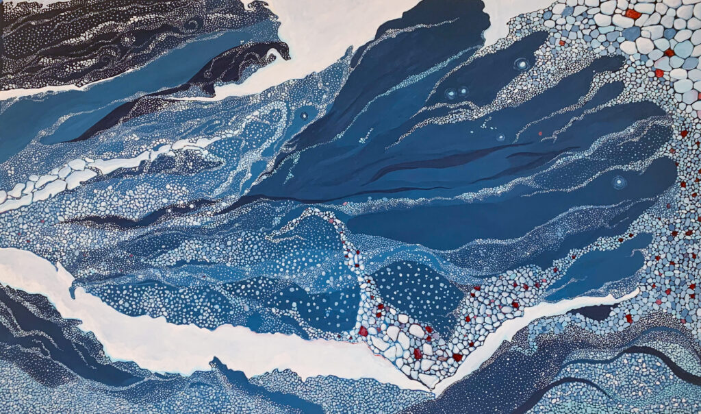 Painting of sea ice in colors of white and red on blue water