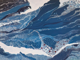 White Ice, Red Ice Painting of streams of sea ice crossing in mostly white, but some red ice from algal blooms, birth on the ice, and polar bear kills