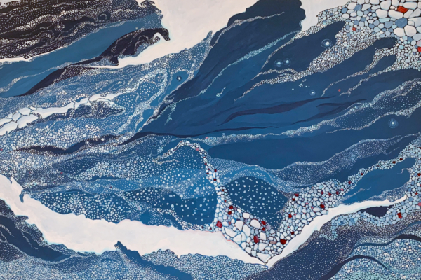 Paintings of white drift ice on blue backgrounds showing ocean currents