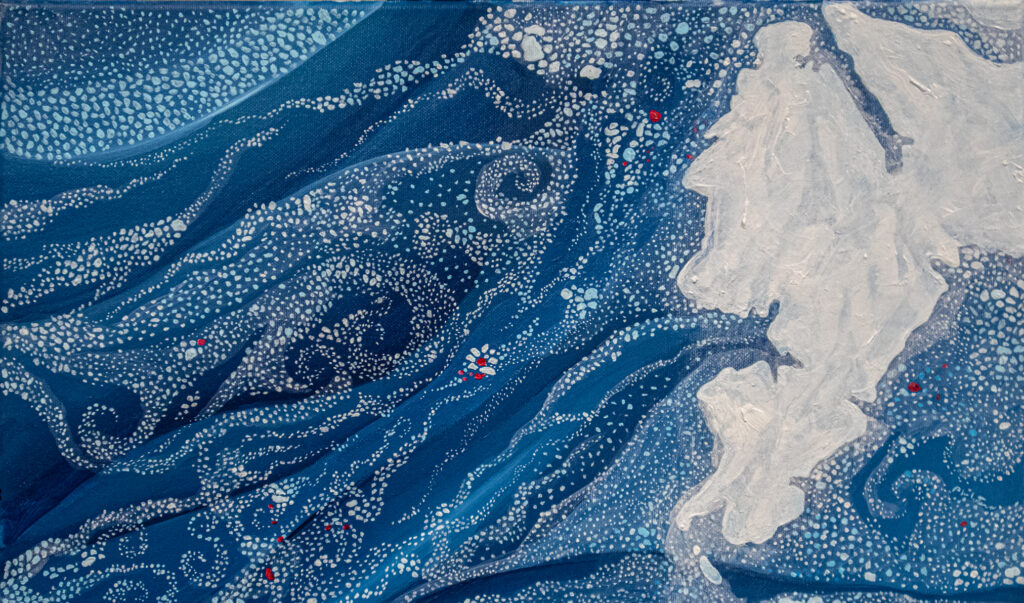 Painting of drift ice swirlling toward a snow covered Svalbard