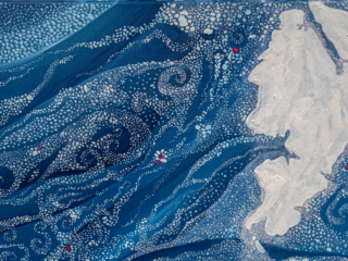Approaching Svalbard Painting of drift ice swirlling toward a snow covered Svalbard