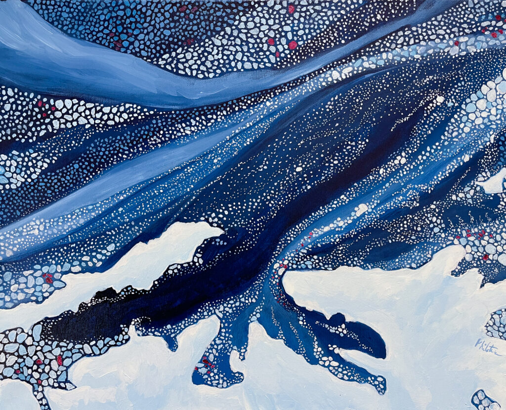 Painting of white drift ice streaming past a fjord pierced coastline.