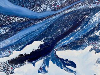 Swept Away Painting of white drift ice streaming past a fjord pierced coastline.