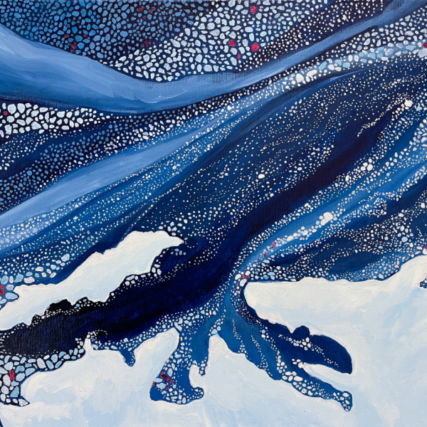 Painting of white drift ice streaming past a fjord pierced coastline.