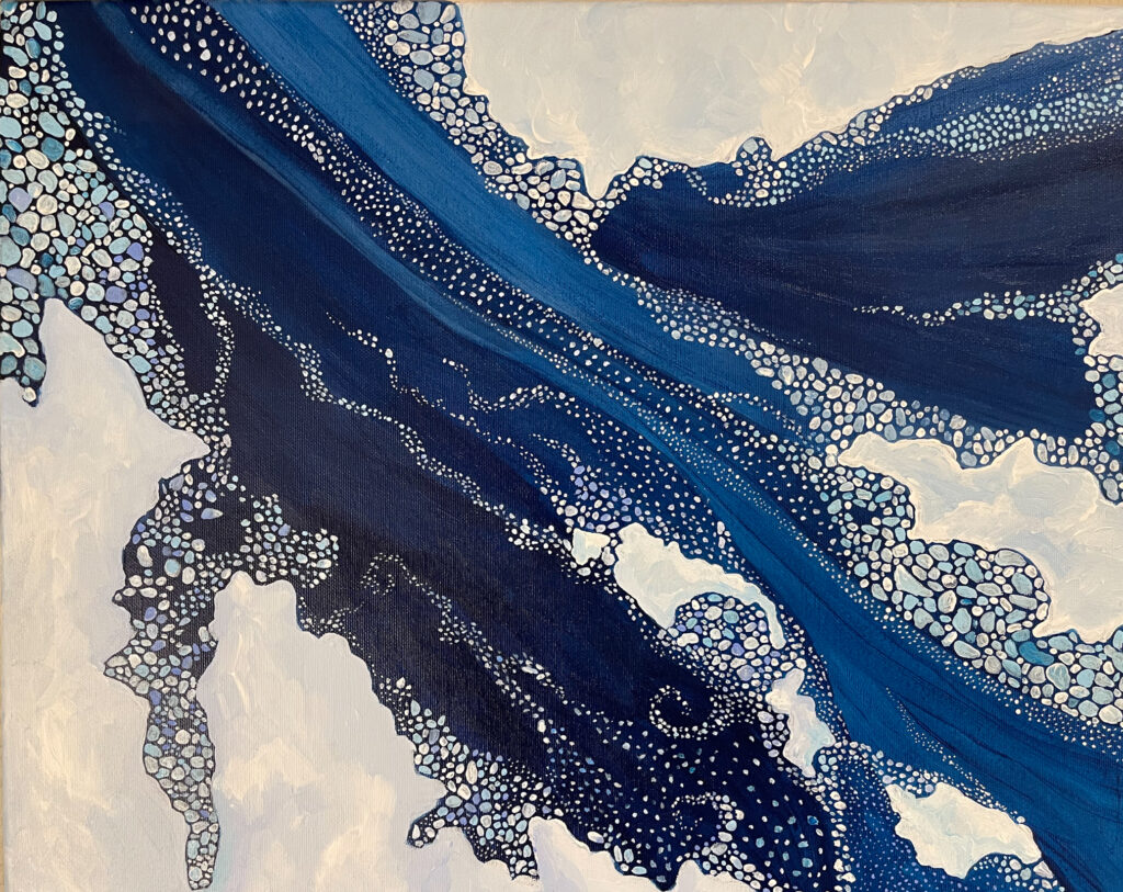 Painting of white ice on blue water flowing between snow covered islands