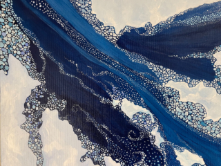 Crossing between Painting of white ice on blue water flowing between snow covered islands