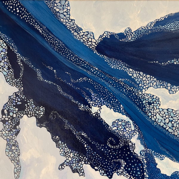 Painting of white ice on blue water flowing between snow covered islands