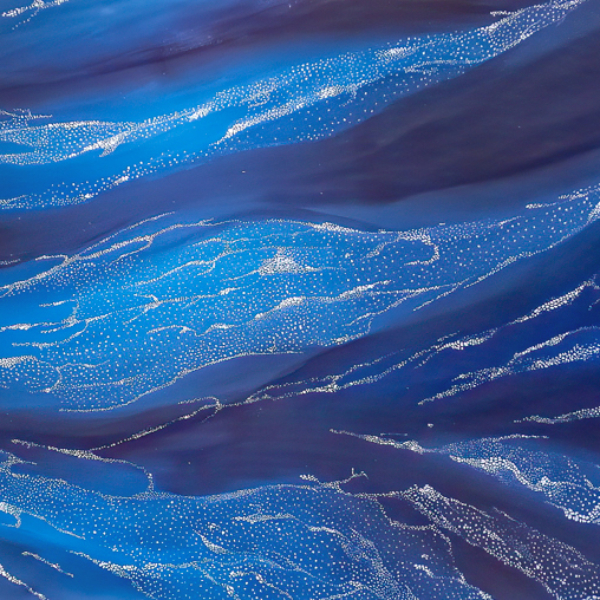 Painting of delicate frills of sea ice being pulled on the ocean currents