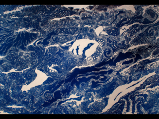 Section 2 of Loss and Change Painting of drift ice creating islands and swirling in currents to create images of animals