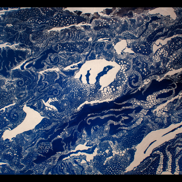 Painting of drift ice creating islands and swirling in currents to create images of animals