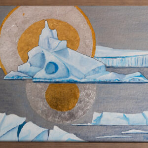 A group of icebergs floating in front of a glacier, the largest has a silver and gold leaf