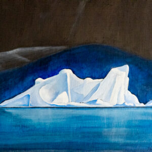 Painting of white iceberg floating on blue water against a blue and gray background