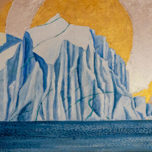 Painting of an iceberg still looking glacier with gold and silver haloes