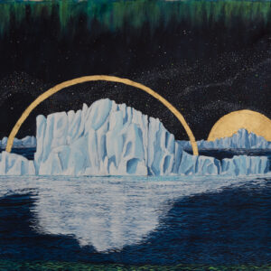Painting of several icebergs at night, with reflections in the dark sea, northern lights, and the milky way filling the sky. two ice bergs have gold leaf halos