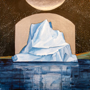 A painting of an iceberg with a moon hanging above it and a stylized silver leaf door behind it