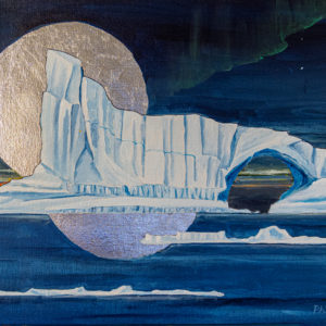 Paintinf of an iceberg with a large arch floating on a blue sea against the aurora with a silver leaf halo