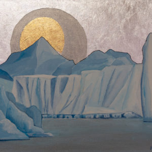 A group of tabular icebergs against a silve leaft sky with a gold leaf halo