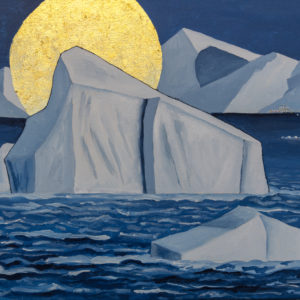 Icebergs floating in front of a snowly mountain range, the largest has a gold leaft halo