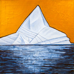 Painting of an large ice berg with refelctions against a gold sky
