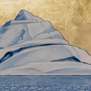 A massive ice berg against a gold leaf sky
