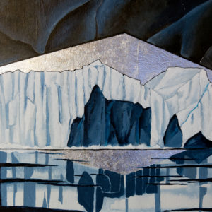 Painting of an iceberg with a large ice cave reminiscent of the cathedral in Iceland with an art deco silver halo and reflection