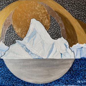Painting of an iceberg with an art deco silver and gold leaf halo with a patterned sky and sea