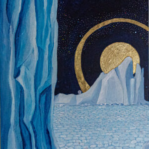 Acrylic painting of a distant iceberg with a gold halo across a field of ice that is stained with blood from a polar bear kill
