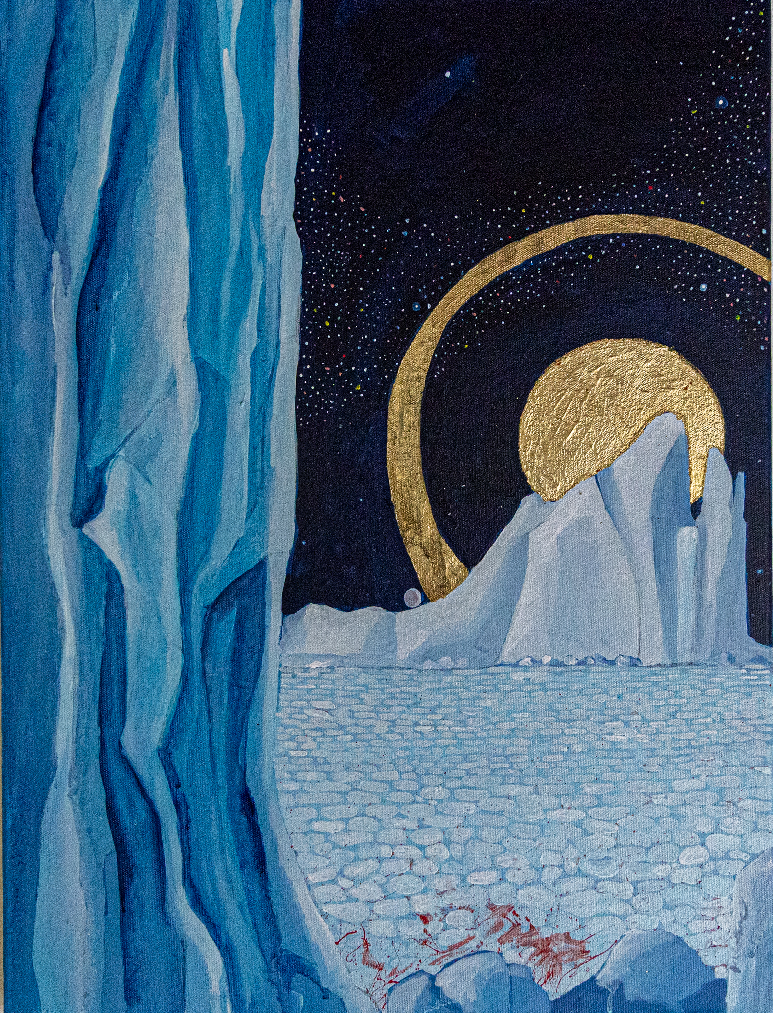 Acrylic painting of a distant iceberg with a gold halo across a field of ice that is stained with blood from a polar bear kill