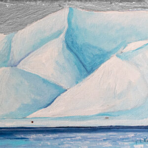 Painting of snowy mountains and fjord with silver leaf sky